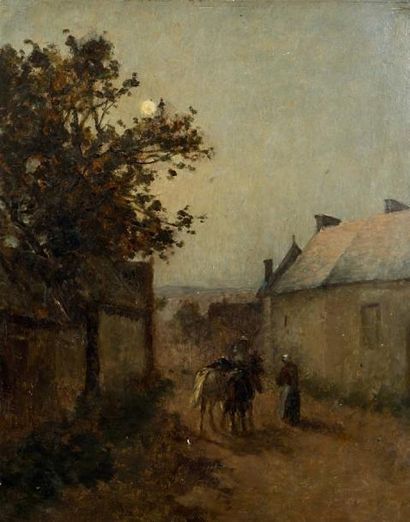 Jean Charles CAZIN (1841-1901) Village animé Huile sur carton 40 x 30 cm