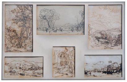 William LEIHTOM-LEITCH (1804 - 1885) Six paysages (sur un même montage). Plume et...