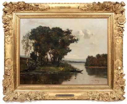 HIPPOLYTE CAMILLE DELPY (1842-1910) Paysage à la rivière Huile sur toile signée en...