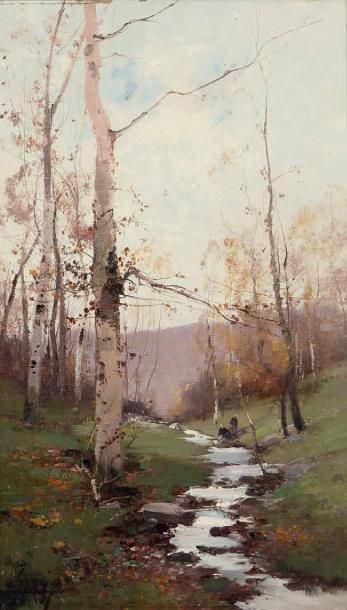 Eugène GALIEN-LALOUE (1854-1941) Ruisseau en forêt Huile signée en bas à gauche 46,5...