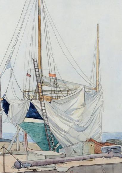 Bettine C. WALFORD (1905) Yatch under repair - Cowes IOW, 1935 Aquarelle sur papier...