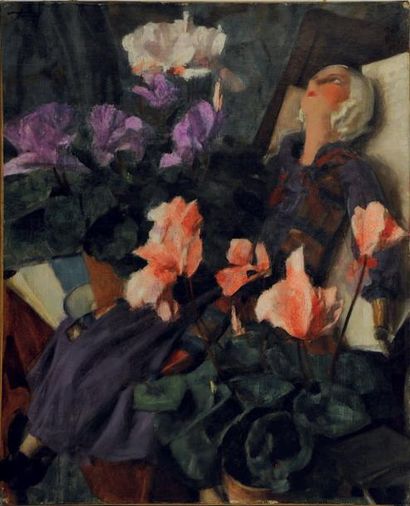 Maurice JORON (1883-1937) Femme aux cyclamenx Huile sur toile signée en bas à gauche...