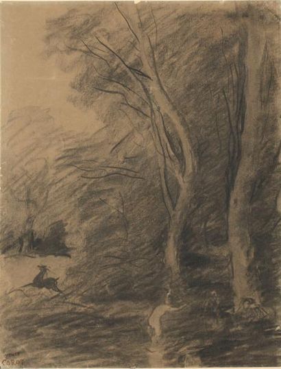 Jean-Baptiste Camille COROT (1796-1875) Naïade et biche dans un sous-bois Dessin...
