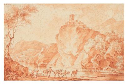 Olivier LEMAY (1734 - 1797) Paire de paysages animés Sanguine et lavis de sanguine...