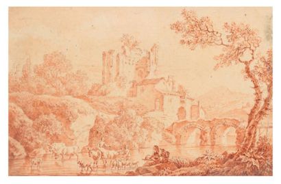 Olivier LEMAY (1734 - 1797) Paire de paysages animés Sanguine et lavis de sanguine...