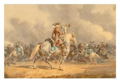 Auguste Sébastien BENARD (1810-?) Deux scènes de bataille au XVIIIème siècle. Trompette...