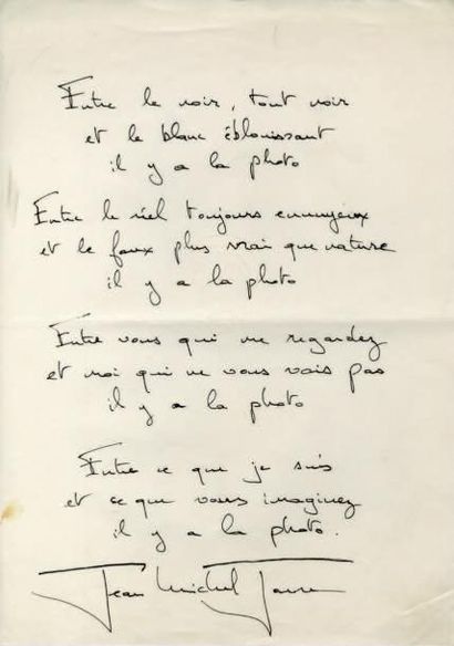 JARRE Jean-Michel Pièce autographe signée. Sans date; 1 page in-4°. Texte écrit pour...