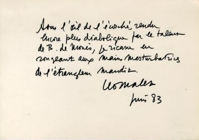 MALET Léo Pièce autographe signée. Juin 1983; 1 page in-8° oblongue. Texte écrit...
