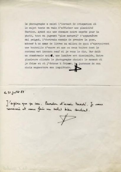 MANCHETTE Jean-Patrick Pièce signée de ses initiales avec 2 lignes autographes signées....