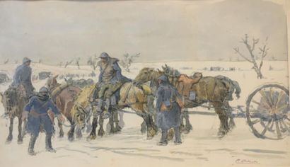 DUBAUT. (P.) Attelage d'artillerie en arrêt, hiver 1915. Fond de paysage. Aquarelle...