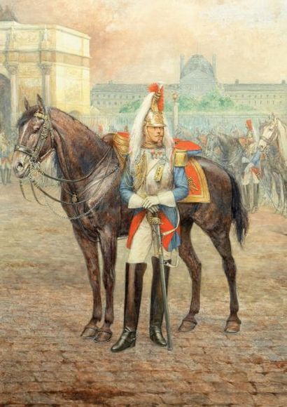 HILPERT. (J.) Officier des cent-gardes de Napoléon III devant son cheval. En fond...