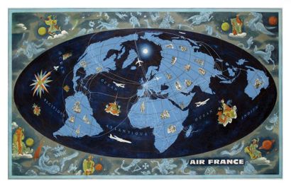 null Air France - Très rare Planisphère BOUCHER LUCIEN Aff. Entoilée. B.E. B + restaurations/...