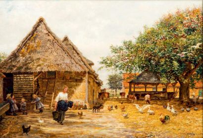 Marie-François FIRMIN-GIRARD (1838-1921) La cour de ferme Huile sur panneau. 36 x...