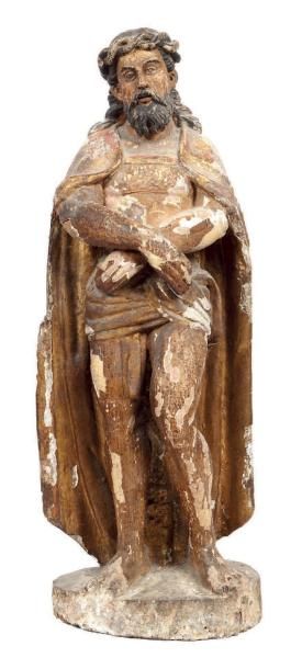 null Sculpture en bois polychrome et or. Représentant un Christ aux outrages. XVIIème...
