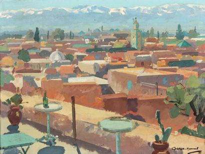 Raymond CRETOT-DUVAL (1895-1986) Toits de Marrakech, au fond l'Atlas Huile sur toile...