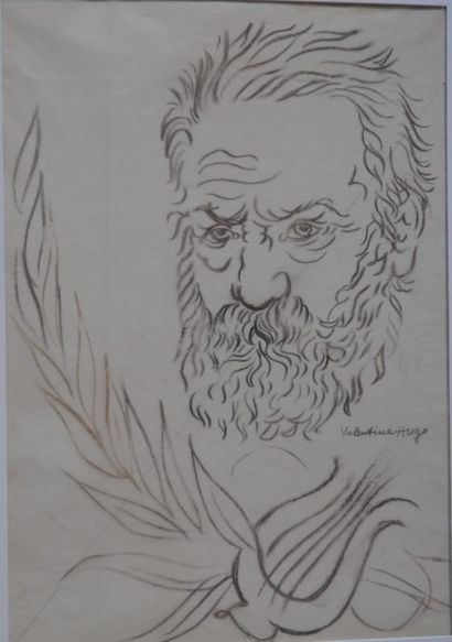Valentine Hugo (1887-1968) Portrait de Victor HUGO. Dessin au fusain sur papier calque...