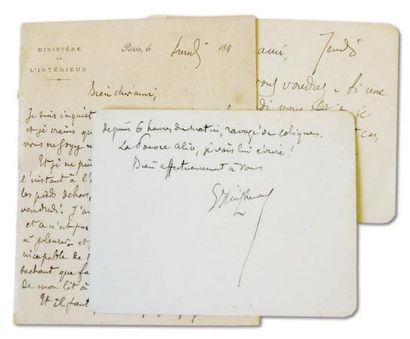 HUYSMANS Joris-Karl Ensemble de 2 cartes autographes et d'une lettre signées: - «Jeudi»;...