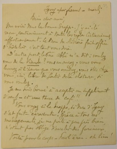 HUYSMANS Joris-Karl Lettre autographe signée. Igny par Fismes. «Mardi»; 4 pages in-16....