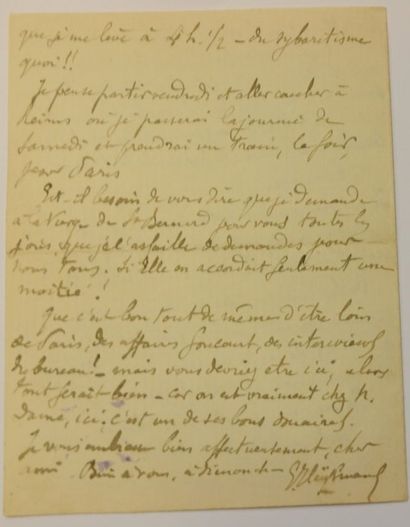 HUYSMANS Joris-Karl Lettre autographe signée. Igny par Fismes. «Mardi»; 4 pages in-16....