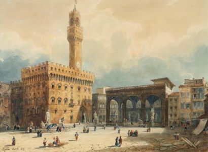 Justin Ouvrié (1806-1879) Vue de la Piazza della Signoria à Florence Aquarelle gouachée....
