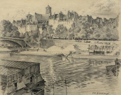 Paul-Adrien BOUROUX (1878-1967) Vue des quais à Paris. Crayon noir. Signée en bas...