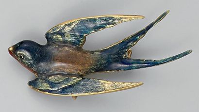 null Broche oiseau Art Nouveau, en or émaillé polychrome