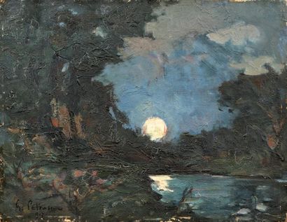 Gheorghe PETRASCU (1872-1949) Paysage lacustre, reflets de lune, 1917 Huile sur panneau...