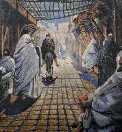Ecole orientaliste XXème siècle Les souks de Marrakech. Gouache sur une natte tressée....