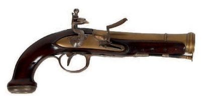 null Pistolet tromblon de marine, canon et platine en bronze, crosse filigranée d'argent...