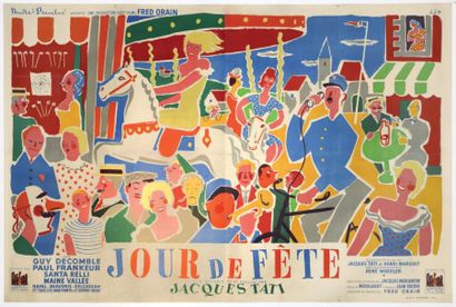 TATI Jacques JOUR DE FETE 1948 Affiche entoilée en bon état. France 240x160cm