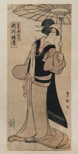 Toyokuni I (1769-1825) Hosoban tate-e, portrait d'acteur debout tenant une ombrelle....