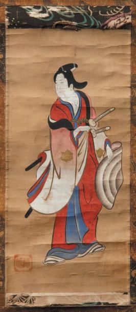 JAPON, école Ukiyo-e - Fin Epoque EDO (1603 - 1868) Peinture polychrome sur soie,...