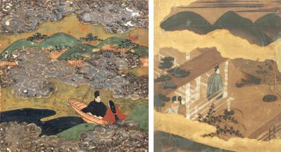 JAPON - Début Epoque EDO (1603 - 1868) Trois peintures sur papier, dont deux du meme...