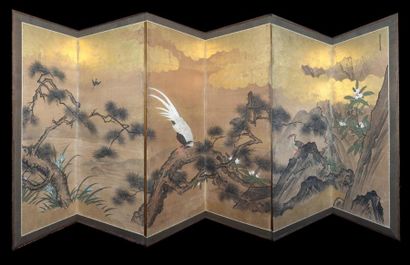 JAPON, école Kano - XVIIIe siècle Paravent a six feuilles, encre et polychromie sur...
