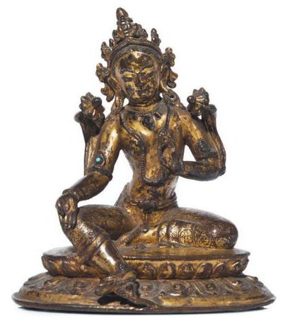 NEPAL - XIVe siècle Statuette de Syamatara, ou Tara verte, assise en lilasana sur...