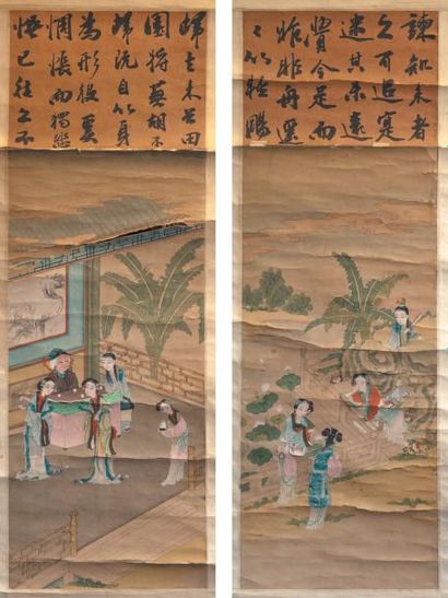 CHINE - XIXe siècle Paire de peintures a l'encre et couleur sur papier, representant...