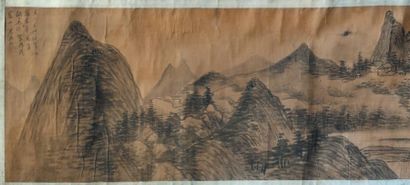 CHINE - XIXe siècle Peinture a l'encre et couleur sur papier, representant un paysage...
