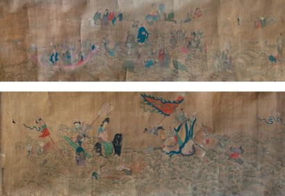 CHINE - XIXe siècle Encre polychrome sur soie, voyage d'immortels taoistes parmi...