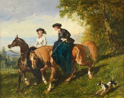 Alfred de DREUX (Paris 1810 - 1860) « Deux élégantes à cheval » Toile. Signée en...
