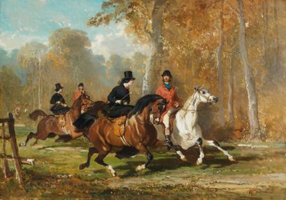 Alfred de DREUX (1810-1860 ) « Le départ de la chasse » Huile sur toile Circa 1840,...