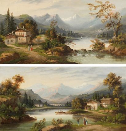 Ecole SUISSE vers 1820 « Paysage de lac de montagne » Paire de panneaux 22 x 41 cm...