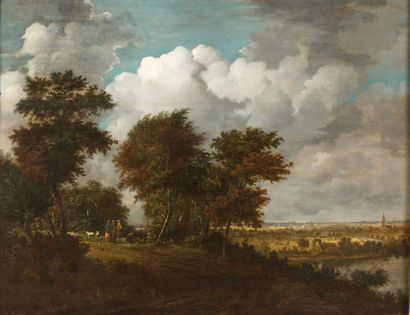 École HOLLANDAISE vers 1800 « Paysage panoramique aux promeneurs » Panneau. Porte...