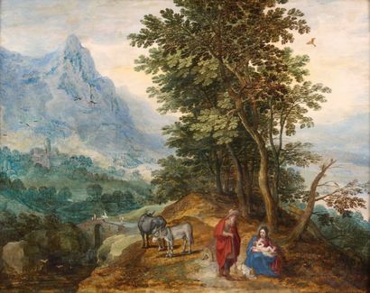 Attribué à Josse de MOMPER (1564-1635) « Paysage, le repos pendant la fuite en Egypte...