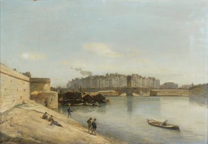 Johan-Barthold JONGKIND (1819-1891) « Bateaux-lavoirs sur la Seine, 1855 » Huile...