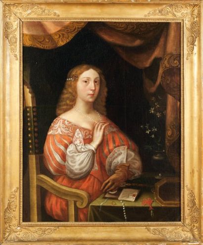 Ecole italienne du XVIIe siècle « Portrait de femme en robe rouge et collier de perles...