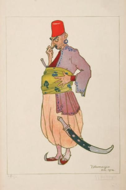 Dommergue. (J.S.) «Le Turc soucieux». Lithographie en couleurs sur beau papier datée...