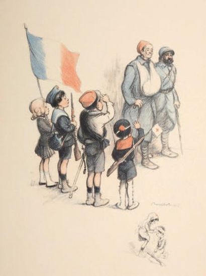 POULBOT Les «gamins» saluant les blessés de 1916. Litho. en couleurs avec remarque...