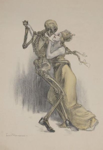 Raemaekers (L.) «Danse Macabre». Un squelette dansant avec Germania. Litho coloriée...