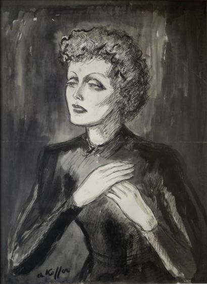 Edith PIAF KIFFER Encre et aquarelle sur...