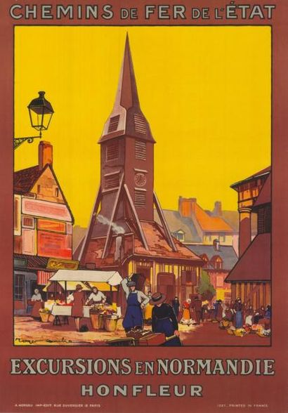  EXCURSIONS EN NORMANDIE Honfleur ROGER SOUBIE - 1927 Affiche roulée en très bon...